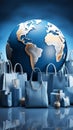 Blue and white background with a world map encircled by shopping bags Royalty Free Stock Photo
