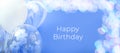 Blue and white balloons on a blue background banner with text Happy birthday