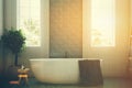 Blue and white bathroom, white tub closeup toned Royalty Free Stock Photo