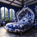 a blue and white bedroom with an ornate bed Royalty Free Stock Photo