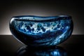 A blue and white bowl of molten glass closeup on a table in a studio design with a sparkling flowing creek placed in a living room