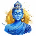 A blue and white Buddha statue with a blue robe and a blue flower on its head