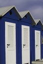 Blue and white cabin beach in Rimini, Adriatic sea Royalty Free Stock Photo