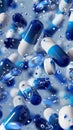 Blue and white capsules in mid-air with floating bubbles, abstract composition Royalty Free Stock Photo