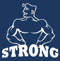 Blue and white caricature illustration of strong muscular man on blue background