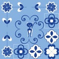 Blue white cartoon tile with flowers and cats. Seamless baby pattern for print as a background.Design for printing on fabric with