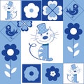 Polka dot background with a bird and a cat. Children`s motif for printing in blue and white.