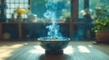 Blue and White Ceramic Bowl with Incense Sticks and Smoke - Realistic Photo Royalty Free Stock Photo