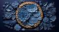 A blue and white ceramic flowers are arranged in a basket, AI