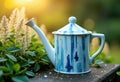 Blue and white ceramic watering can with a striped design placed outdoors in Royalty Free Stock Photo