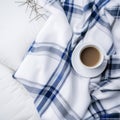 Blue And White Checkered Blanket With Coffee Cup - Flowing Fabrics Design