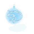 Blue and white Christmas ball with floral ornament on snowy background, greeting card