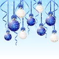 Blue and white Christmas balls on snowy background Royalty Free Stock Photo