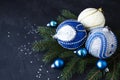 blue and white Christmas balls and spruce branches Royalty Free Stock Photo