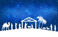 Blue and white Christmas greeting card banner background with Nativity Scene in the desert Royalty Free Stock Photo
