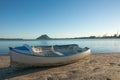 Blue and white clinker boat sits on beach