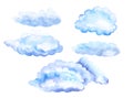 Blue white clouds set isolated on white background. Watercolor. Illustration. Royalty Free Stock Photo