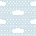 Blue and white clouds and snowflakes simple winter sky, seamless pattern, vector