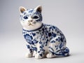 Blue and white color porcelain cute cat figure on white background