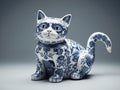 Blue and white color porcelain cute cat figure on white background