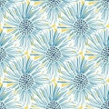 Blue and white colored daisy flowers silhouettes seamless pattern. Yellow background. Scrapbook nature print