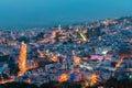 Blue and White Colored Homes and Buildings in Chefchaouen Morocco at Night Royalty Free Stock Photo