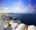 Blue and white colours of Oia City. Magnificent panorama of the island of Santorini Greece during a beautiful sunset in the Medite Royalty Free Stock Photo