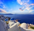 Blue and white colours of Oia City. Magnificent panorama of the island of Santorini Greece during a beautiful sunset in the Medite Royalty Free Stock Photo