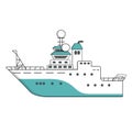 Blue white deep sea research vessel, expedition ship, vector hand drawn outline isolated illustration Royalty Free Stock Photo