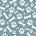 Blue and White Dog Paw Prints and Bones Tile Pattern Repeat Back Royalty Free Stock Photo