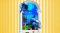 Blue and white dolphin artwork, Striped dolphin Common dolphin, 3D backdrop, blue, with Golden Wall Background