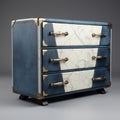 Post-apocalyptic Blue And White Chest Of Drawers With Brass Handles