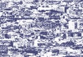 Blue and white duotone processed photograph of a panoramic aerial urban landscape of showing residential and business districts