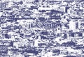 A blue and white duotone processed photograph of a panoramic aerial urban landscape of showing residential and business districts