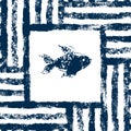 Blue and white fish in a striped frame woven grunge seamless pattern, vector