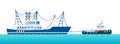 Fishing boat being pulled by a tugboat on the waves vector illustration in a flat design.