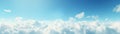 Blue and White Floating Sunlit Clouds in the Sky, Above View. Extra Wide Scale Panoramic Generative AI Made Illustration