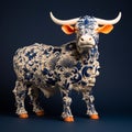 Blue And White Floral Bull Sculpture: Vray Tracing, Folk-inspired Illustrations