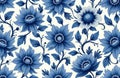 Blue and white floral pattern, intricate flower petals and leaves repeat across background. Delicate botanical design suitable Royalty Free Stock Photo