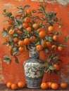 Blue and white flowerpot with citrus fruits in front of an orange wall