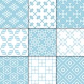 Blue and white geometric ornaments. Collection of seamless patterns