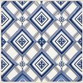 Blue And White Geometric Wall Tile With Baroque Brushwork Style