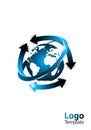 Blue and white globe illustration with continents visible, encircled by black and blue arrows Royalty Free Stock Photo