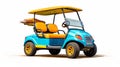 Humorous Animal Scenes: Blue And Yellow Golf Cart Isolated On White Background