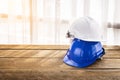 blue, white hard safety helmet construction hat for safety project of workman as engineer or worker Royalty Free Stock Photo