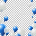 Blue and white helium balloons on transparent background. Flying latex balloons.