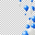 Blue and white helium balloons on transparent background. Flying latex balloons. Royalty Free Stock Photo