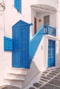 Blue white house entrance, Mykonos island, Greece Royalty Free Stock Photo