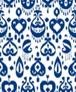 Blue and white ikat asian traditional fabric seamless pattern, vector