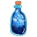 Blue and white isolated magic potion bottle. Hand drawn watercolor alchemy. Occultism and witchcraft drink. Fairy tale elixir chem